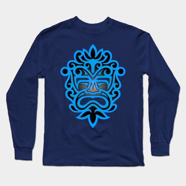 Stylish Blue and Black Mayan Mask Long Sleeve T-Shirt by jeffbartels